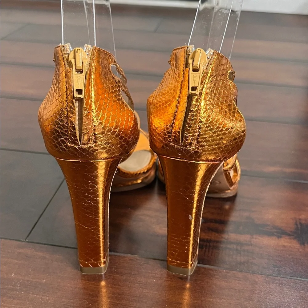 Chloe Women's Python Leather Sandals Heels Criss Cross Metallic Bronze size 36.5 - Picture 4 of 9